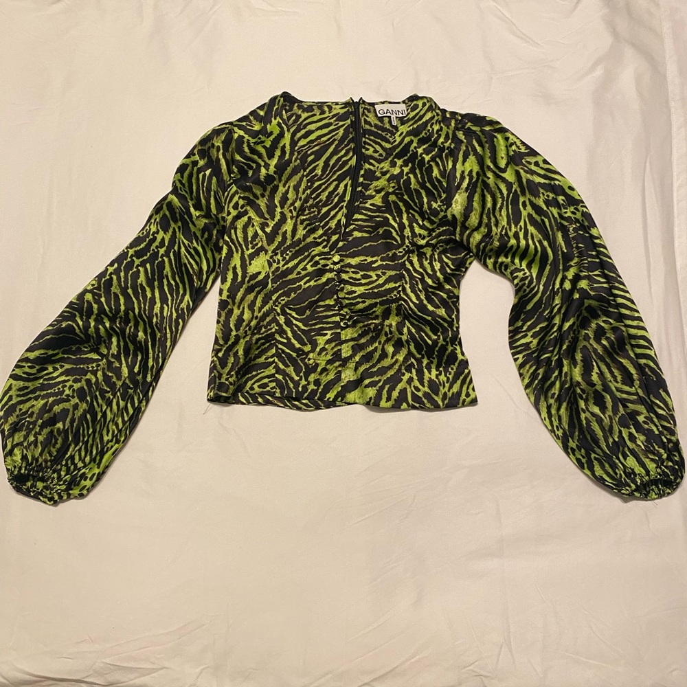 Ganni silk zebra print balloon sleeve blouse